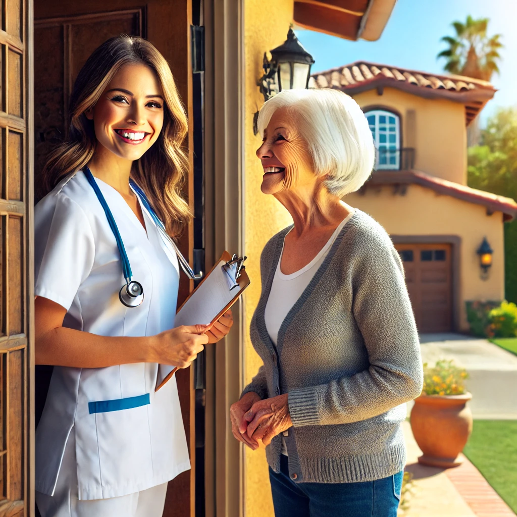 DALL·E 2025-03-21 13.29.47 - A warm and professional scene showing a registered nurse arriving at a beautiful Southern California home to greet a smiling senior at the front door