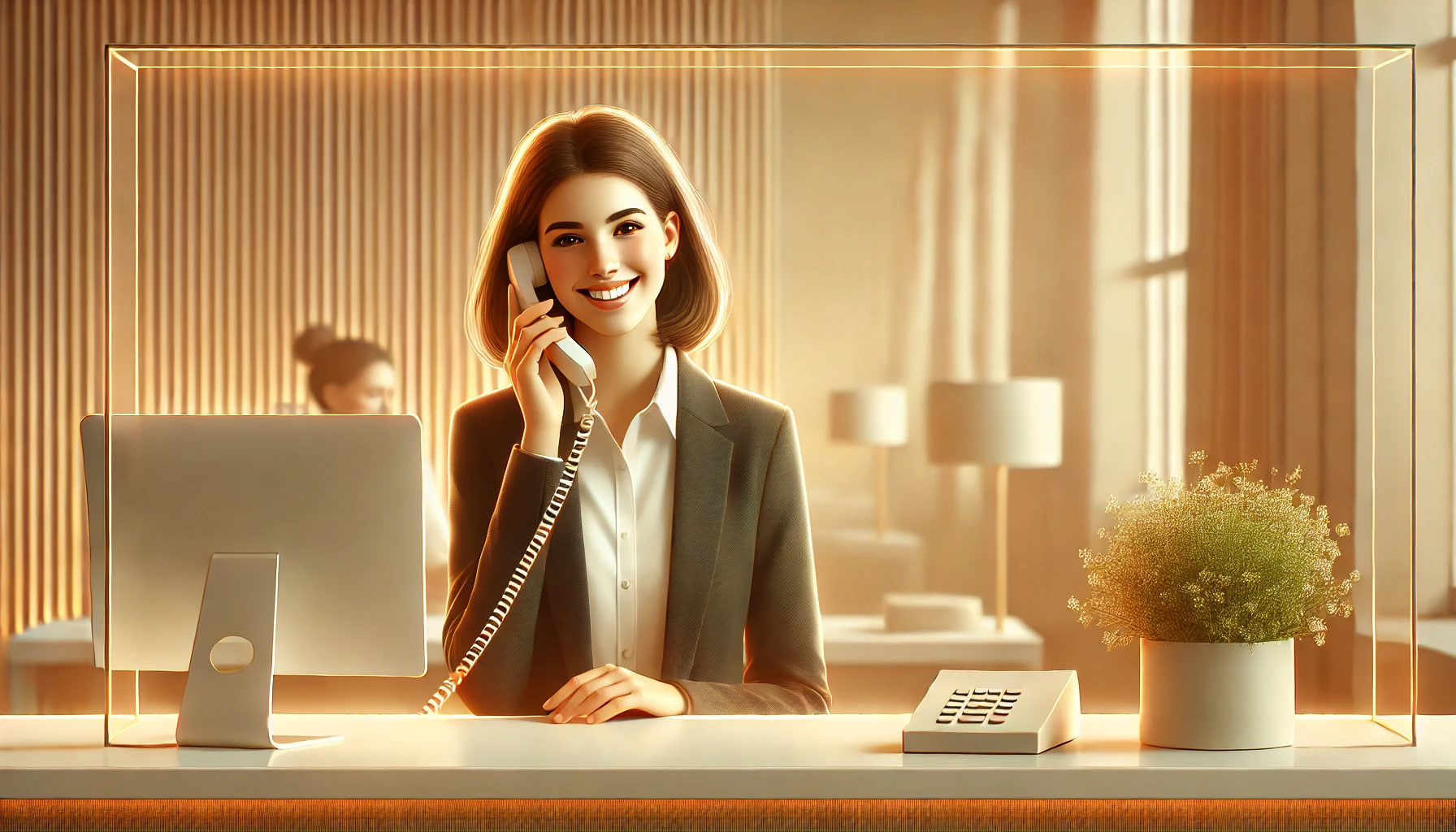 DALL·E 2025-03-21 14.55.37 - A warm, rectangular indoor scene showing a friendly receptionist smiling while taking a phone call. The receptionist is seated at a modern desk with s